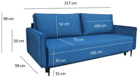 Niebieska sofa z funkcją spania i pojemnikiem - Eugene