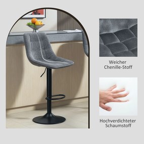 HOMCOM Nowoczesne Krzesła Barowe, Zestaw 2 szt. Z Opórką, Regulowane Wysokościowo, z Podnóżkiem, Obracane, Wyściełane, Ciemnoszary