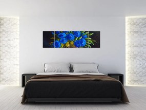 Obraz niebieskich kwiatów w wazonie (170x50 cm)