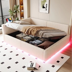 Łóżko dziecięce tapicerowane hydrauliczne ze schowkiem - 140 x 200 cm - z diodami LED + 2 porty USB - zagłówek w kształcie litery L - aksamit - beż