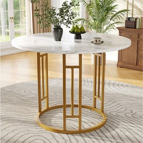Stół jadalny 4-osobowy - 80 x 80 x 76cm - okrągły stół z nogami metalowymi w kolorze złotym - blat z płyty MDF marmurkowej - płyta MDF + metal - biały