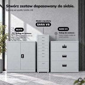 Szafka kartotekowa na kółkach, metalowa, 8 szuflad, na dokumenty, szara, 300x1100x600 mm: SARA V8