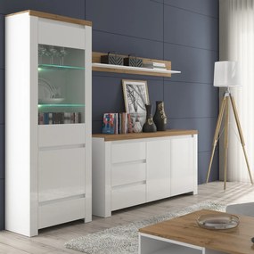 Komoda Dwudrzwiowa z Szufladami Drewniana do Salonu HAVEN 156 cm Biały Połysk/Dąb Wotan Nowoczesna