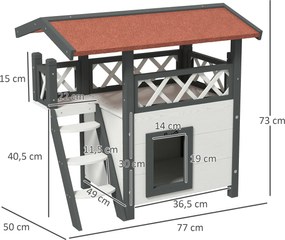 PawHut Domek dla kotów, Chatka dla zwierząt, Dach asfaltowy, 2 Poziomy, 1 Schodek, Biało-Czerwony