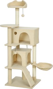 PawHut Drapak 140 cm wieża dla kota z hamakiem, drabinką, budką, 2 pluszowymi piłeczkami, słupkami sisalowymi, 48 x 48 x 140 cm, Beżowy