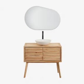 Zestaw Mebli Łazienkowych Z Drewna Deleyna Naturalna & Cement Okrągły Biały Ø40 Cm Zavion & Owalna Lampa Led I - Sklum