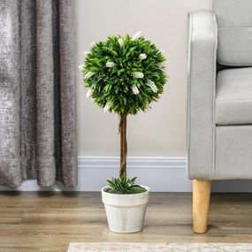 HOMCOM Zestaw 2 Sztucznych Drzewek Lawendowych, 60 cm Wysokości, Zawiera Donicę i Sztuczny Mech, Biały