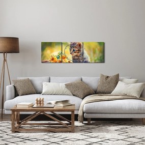 Obraz kotka patrzącego na kwiat (z zegarem) (90x30 cm)