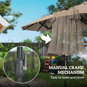 Outsunny Podwójny parasol 292 x 150 cm, parasol z oświetleniem LED, korbka, regulacja kąta, Khaki | Aosom PL