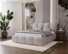 BESILIO Łóżko tapicerowane 160x200 Fluffy – łóżko chmurka boucle, z pojemnikiem na pościel i stelażem, gruba pianka, nowoczesne łóżko do sypialni – Jasnoszary