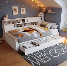 Łóżko dziecięce - 140 x 200 cm - z 2 szufladami + regał + szafka - MDF - białe