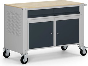 Mobilny stół warsztatowy G9, 2 szafki, 2 szuflady, 1180 x 595 x 865-1130 mm, szary/grafitowy