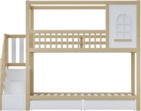 Łóżko piętrowe 90x200 cm z litego drewna, projekt domku z oknami, barierką zabezpieczającą, szufladami i drabinką, naturalny kolor drewna