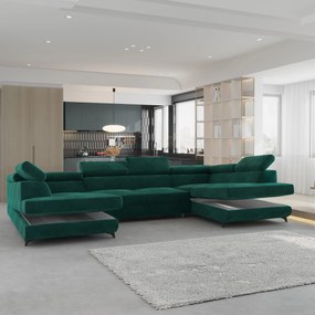 Masseno Narożnik VINTESSA z funkcją spania i pojemnikiem na pościel Narozniki U, Rozkładana sofa - Zielony, MONOLITH 37