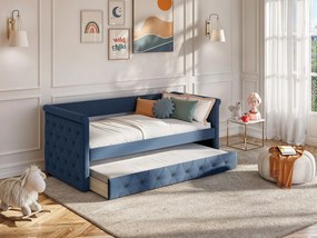 Tapicerowana kanapa LOUISE z wysuwanym łóżkiem – 2 × 90 × 190 cm (dł. × szer. × wys.) – tkanina w kolorze niebieskim