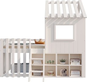 Łóżko domek dziecięce 90x200 cm - z daszkiem + okienkiem - z drabinką 2-stopniową i półeczkami - białe