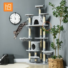 PawHut Drapak z 2 hamakami i 2 kocimi jaskiniami plus zabawki, plusz i sizal, Jasnoszary