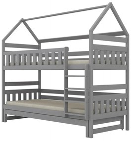 Łóżko piętrowe domek FELIKS 180x80 szare drewniane trzyosobowe KOCOT KIDS