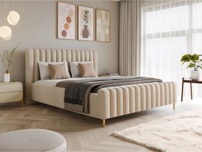 Łóżko LUX tapicerowane z pojemnikiem i zagłówkiem w tkaninie AMON 17 kolor PIASKOWY DOMOHOME