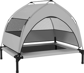 PawHut Łóżko dla psa na zewnątrz z dachem, podwyższone łóżko dla średnich psów, z ramą stalową, 76x61x70 cm, jasnoszary | Aosom PL