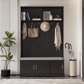 Czarny wieszak z ławką na buty, 6 haczykami i schowkiem - Kompaktowy mebel do przedpokoju