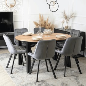 Zestaw Stół Okrągły Rozkładany HARRY 102-142 cm Dąb Craft/Czarny i 6 Krzeseł Tapicerowanych RICK Szarych Nowoczesnych