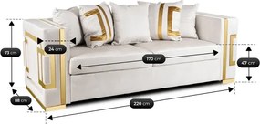 Sofa PALLAZO 3S Trzyosobowa Kremowo/Złota Welurowa Glamour