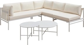 Zestaw mebli ogrodowych, modułowy,  ze stali: 2 narożne sofy, 1 fotel i stoliki wsuwane - Biały - ULAME od MYLIA