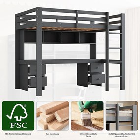 Łóżko piętrowe 90 x 200 cm z biurkiem, regałem, szufladami i drabinką, drewno MDF, kolor szary
