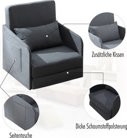 HOMCOM® sofa do spania sofa rozkładana sofa pojedyncza pokrowiec do prania 2 kieszenie boczne poduszka metal szary 70 x 76 x 77 cm