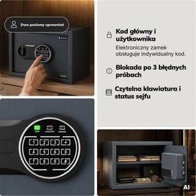 Mały sejf domowy, elektroniczny zamek na kod, na pieniądze i dokumenty, 350x250x250 mm: DORIAN