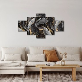 Obraz - Tropikalne liście w kolorze czarno - złotym (125x70 cm)