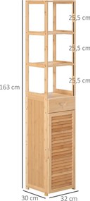 kleankin Regał łazienkowy, 3 otwarte półki, szuflada, drzwi żaluzjowe, bambus, 32 x 30 x 163 cm