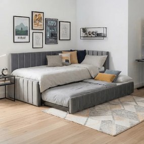 Łóżko Tapicerowane 90x200 cm VILLEMO Podwójne ze Stelażem Rozkładane Młodzieżowe Szare