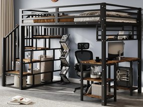 Łóżko na antresoli 120x200 cm - z biurkiem i półką przechowawczą - schody z poręczami - Metal + płyty wiórowe - Czarny