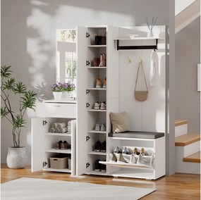 Szafa/wieszak - 150 x 36 x 180 cm - z ławką na buty + szafką + lustrem + szufladami - płyta wiórowa - biała