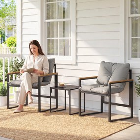 Outsunny 3-częściowy zestaw mebli balkonowych, 2 fotele ze stolikiem, poduszki z oddychającym pokryciem, meble ogrodowe, zestaw bistro z metalu, na taras i do ogrodu, szary | Aosom PL