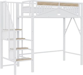 Łóżko antresolowe 90x200 cm, białe, łóżko młodzieżowe ze schodami i barierką, metalowa rama
