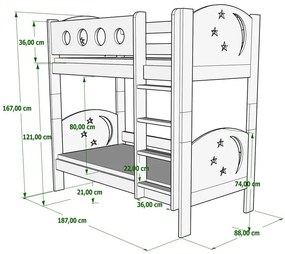 Piętrowe łóżko z zagłówkami w gwiazdki, sosna - Mimi 4X 180x80 cm