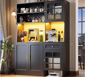 Kredens kuchenny 130x45x180cm - 4 drzwi + 1 szuflada + 5 półek - meble wysokie - z oświetleniem LED - Styl retro - Czarny