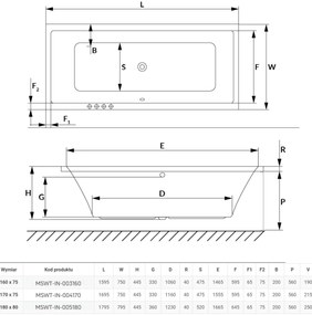 Wanna prostokątna 180 x 80 cm biała do zabudowy odpływ na środku + obudowa INDO MASSI
