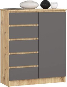 Komoda AKORD K80 Dąb Artisan 80 cm 1 drzwi 5 szuflad kolor Grafit Szary mat 3 półki 80x35x97 cm