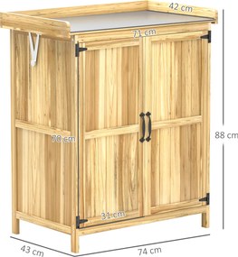 Outsunny Szafka Ogrodowa, Szafka na Narzędzia do Zewnętrznego Użytku, z Powierzchnią Pracy, Drewno i Stal Nierdzewna, Podwójne Drzwi, Drewno Naturalne