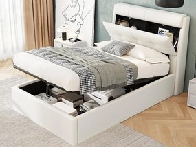 Łóżko 90x200 cm - z ekoskóry - wezgłowie z miejscem do przechowywania - Białe