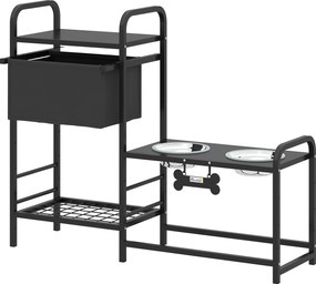 PawHut Podwyższona miska dla psa Regulowana wysokość Miska z miejscem do przechowywania Poidło 2 x 800 ml miski ze stali nierdzewnej 89,5x27x74 cm Czarny | Aosom PL