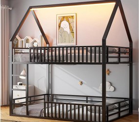 Łóżko piętrowe dla dzieci 140×200 cm - design w kształcie domku - z barierką i oświetleniem LED - Czarne (bez materaca)