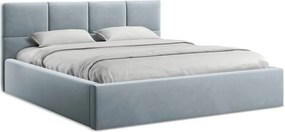 Jasnoniebieskie aksamitne tapicerowane łóżko dwuosobowe ze schowkiem ze stelażem 140x200 cm Hiko – Makamii