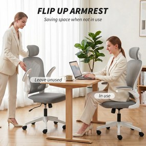 HOMCOM Fotel biurowy Ergonomiczny fotel biurkowy ze składanymi podłokietnikami, regulowanym podparciem lędźwiowym Szary | Aosom PL