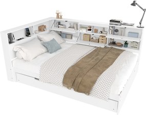 Sofa z łóżkiem 140×200 cm - z USB + Type-C - ze schowkiem - z łóżkiem wysuwanym - biała (materac nie jest zawarty)