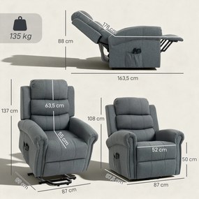 HOMCOM Fotel masujący z funkcją ułatwiającą wstawanie, fotel relaksacyjny, głowice wibracyjne, z funkcją odchylania, wygląd lnu, szary | Aosom PL